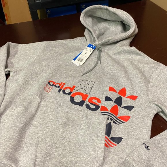 Adidas Mens Gray Originals Logo Play Pockets Long Sleeve Pullover Hoodie Size S - Picture 2 of 3